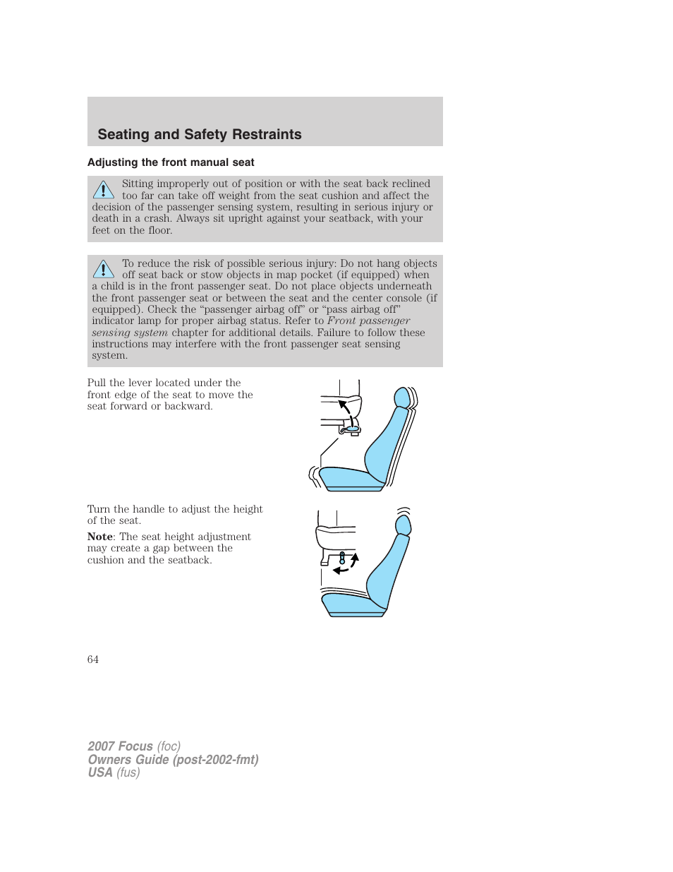 Adjusting the front manual seat, Seating and safety restraints | FORD 2007 Focus v.1 User Manual | Page 64 / 224