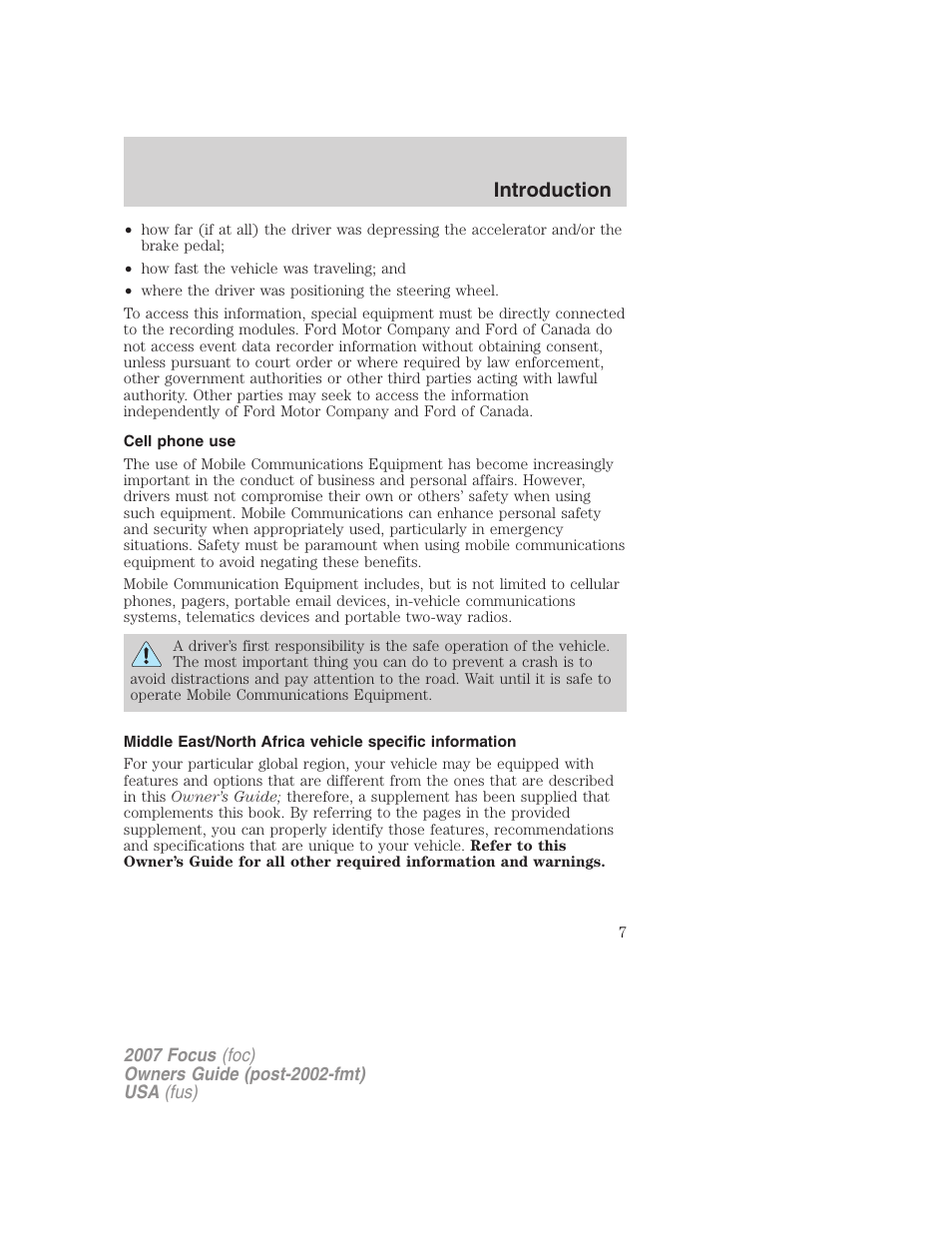 Cell phone use, Introduction | FORD 2007 Focus v.1 User Manual | Page 7 / 224