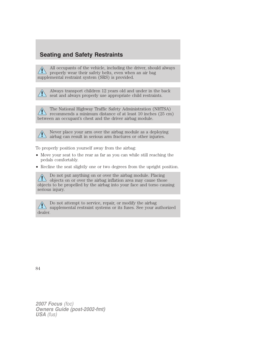 Seating and safety restraints | FORD 2007 Focus v.1 User Manual | Page 84 / 224
