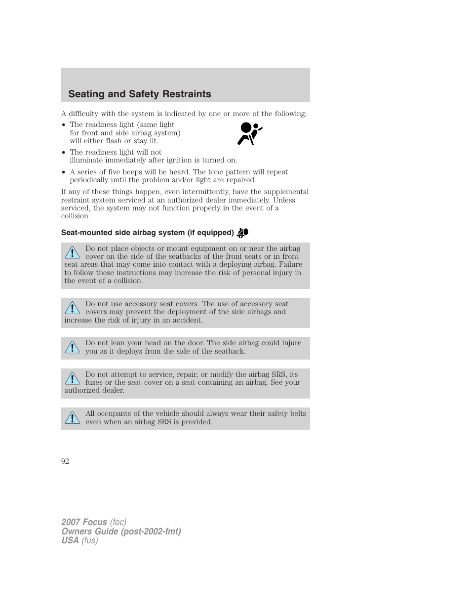 Seat-mounted side airbag system (if equipped), Seating and safety restraints | FORD 2007 Focus v.1 User Manual | Page 92 / 224