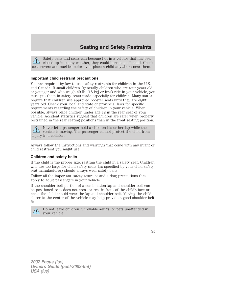 Important child restraint precautions, Children and safety belts, Seating and safety restraints | FORD 2007 Focus v.1 User Manual | Page 95 / 224