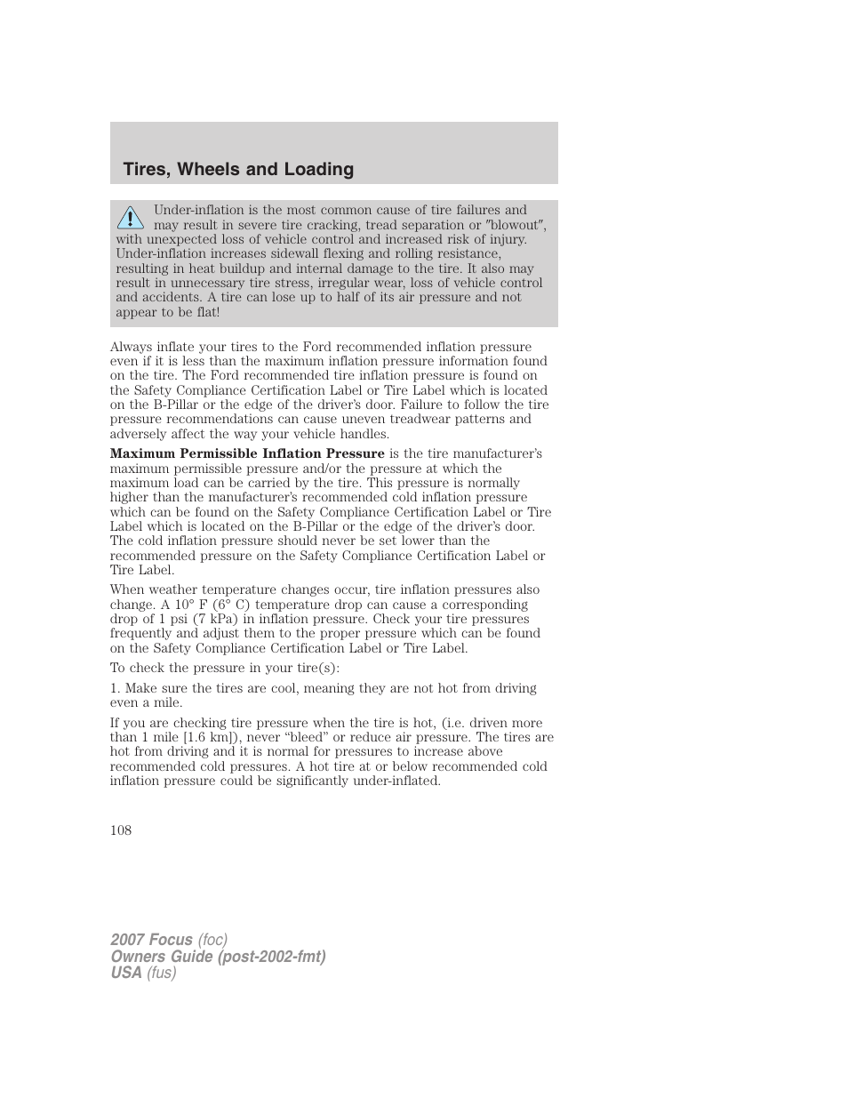 Tires, wheels and loading | FORD 2007 Focus v.2 User Manual | Page 108 / 224