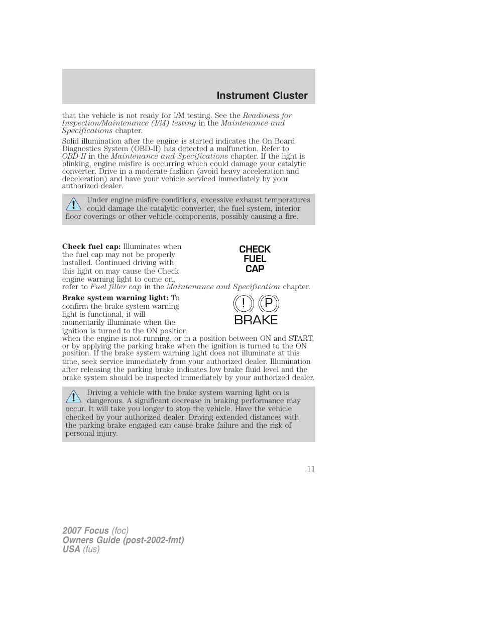 P! brake | FORD 2007 Focus v.2 User Manual | Page 11 / 224