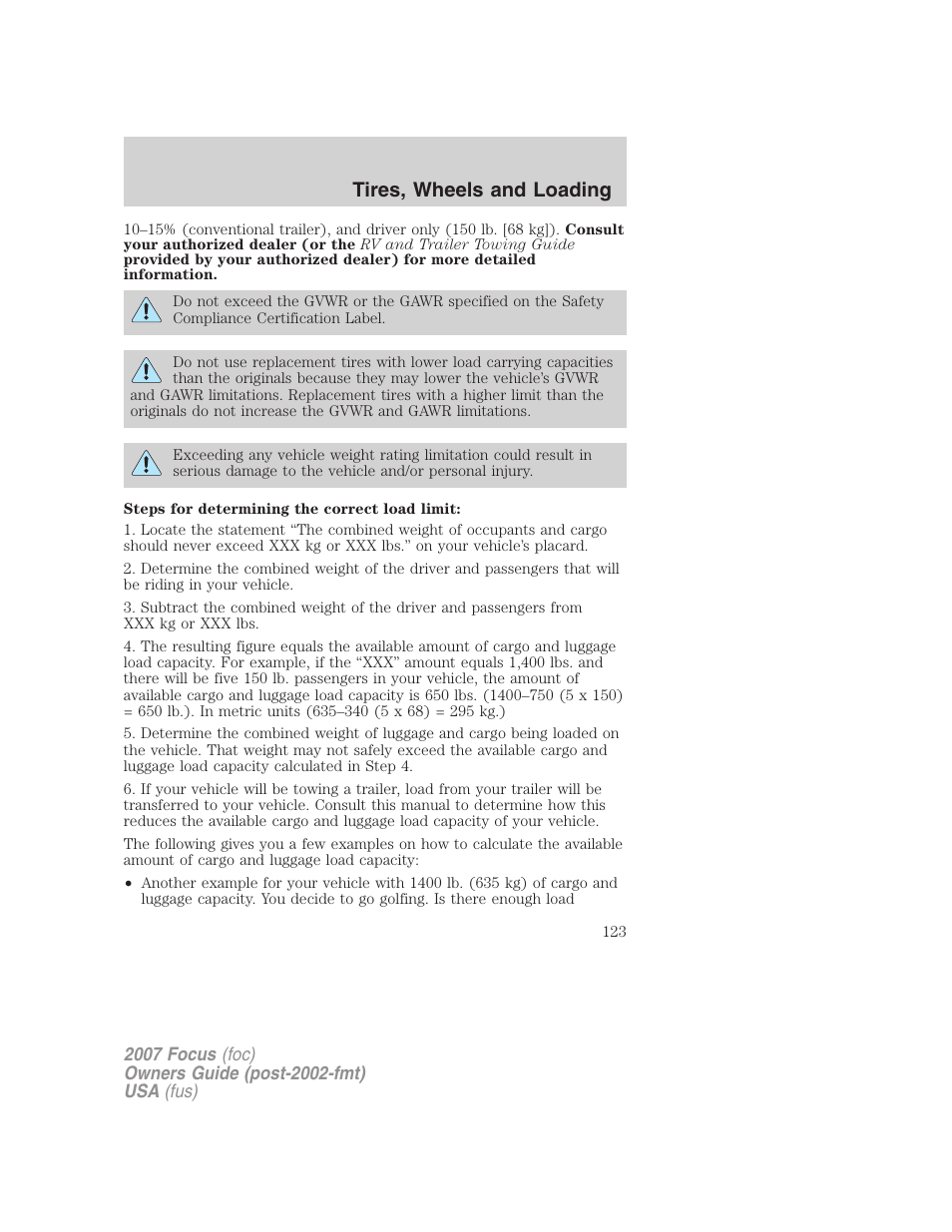 Tires, wheels and loading | FORD 2007 Focus v.2 User Manual | Page 123 / 224