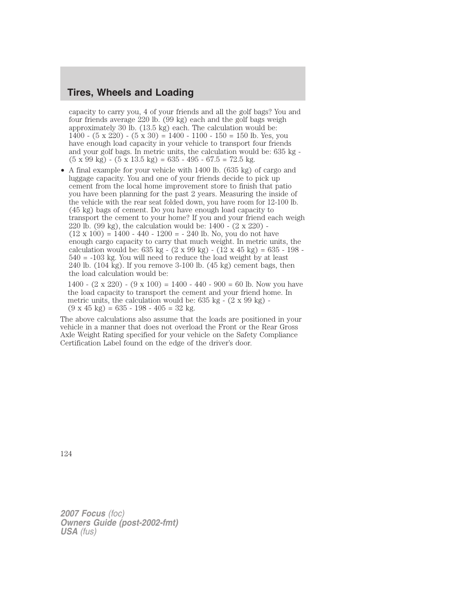 Tires, wheels and loading | FORD 2007 Focus v.2 User Manual | Page 124 / 224