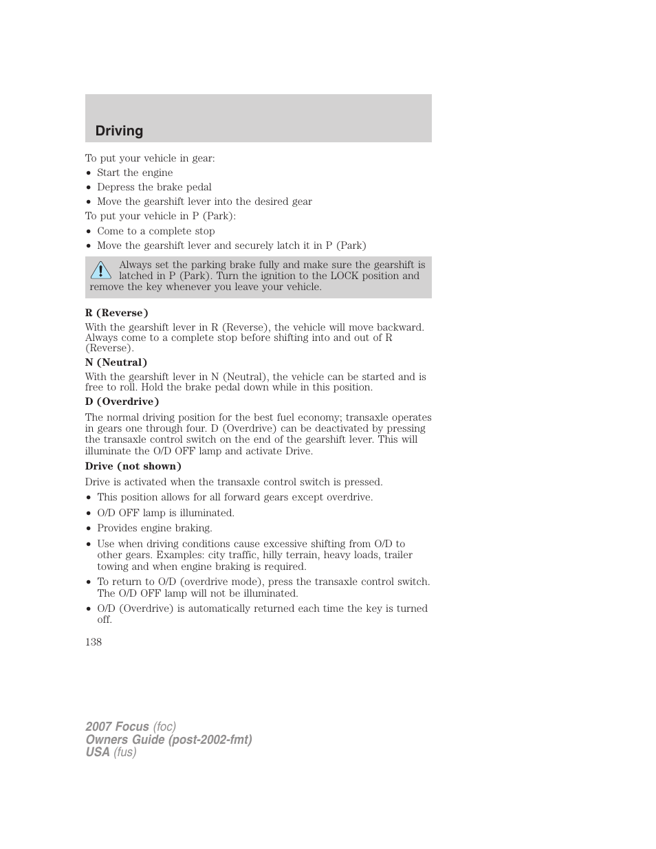 Driving | FORD 2007 Focus v.2 User Manual | Page 138 / 224
