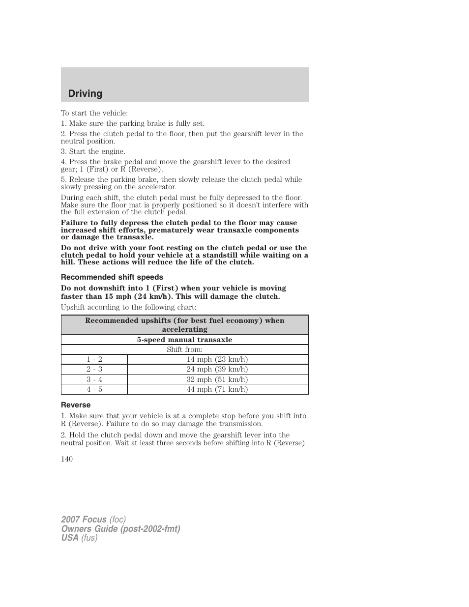 Recommended shift speeds, Reverse, Driving | FORD 2007 Focus v.2 User Manual | Page 140 / 224