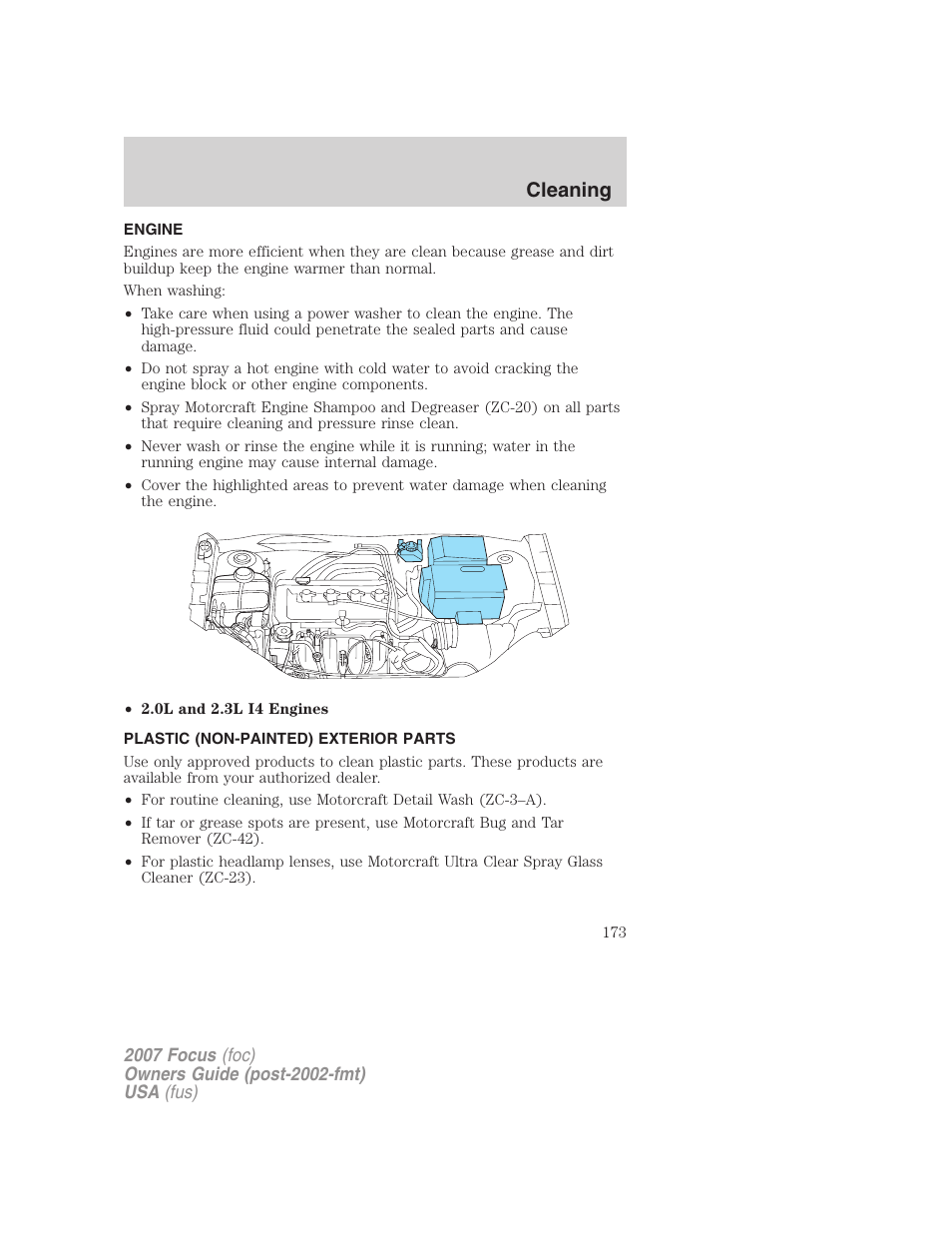Engine, Plastic (non-painted) exterior parts, Cleaning | FORD 2007 Focus v.2 User Manual | Page 173 / 224