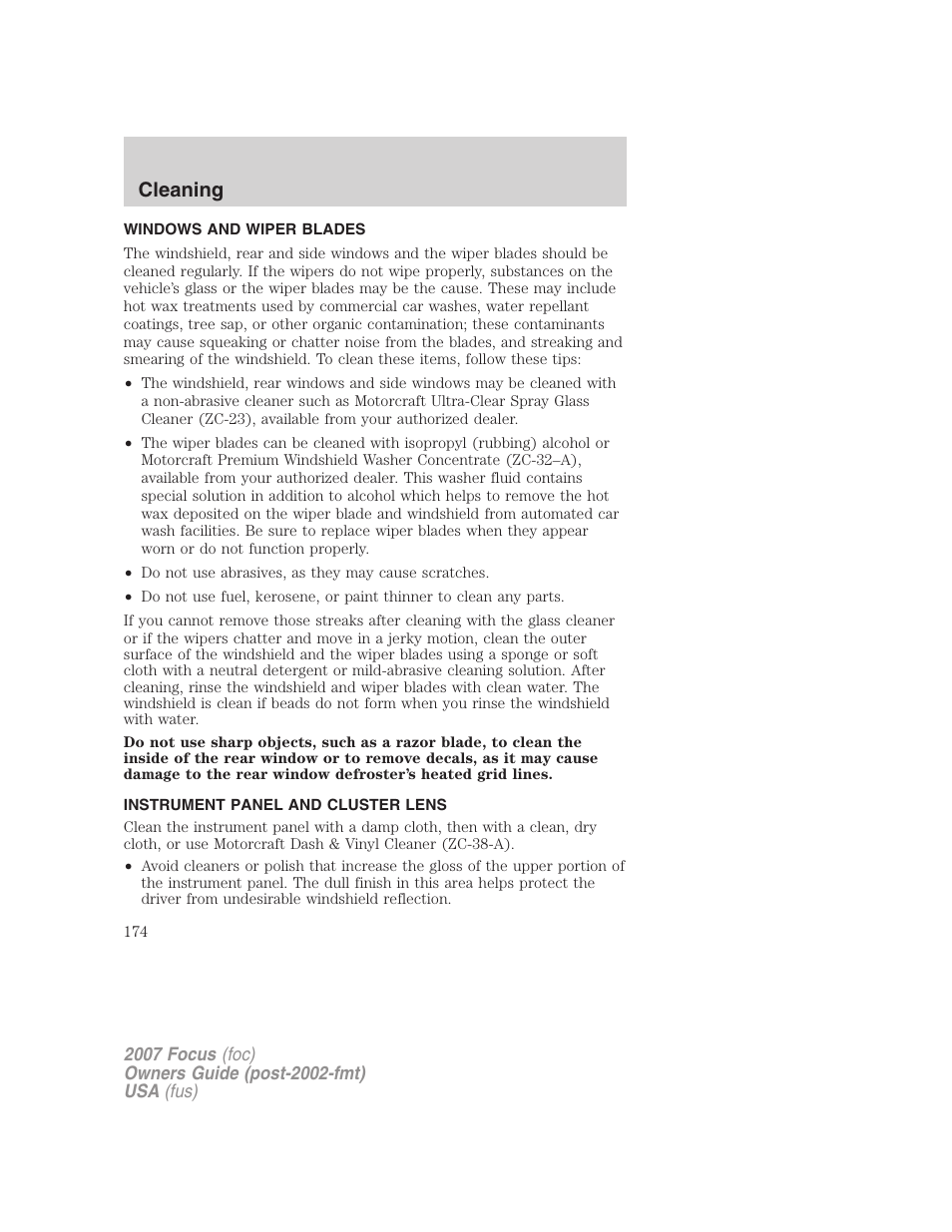 Windows and wiper blades, Instrument panel and cluster lens, Cleaning | FORD 2007 Focus v.2 User Manual | Page 174 / 224