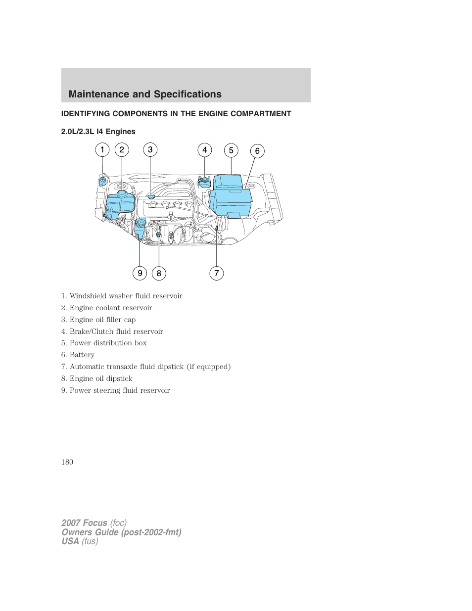 Identifying components in the engine compartment, 0l/2.3l i4 engines, Engine compartment | Maintenance and specifications | FORD 2007 Focus v.2 User Manual | Page 180 / 224