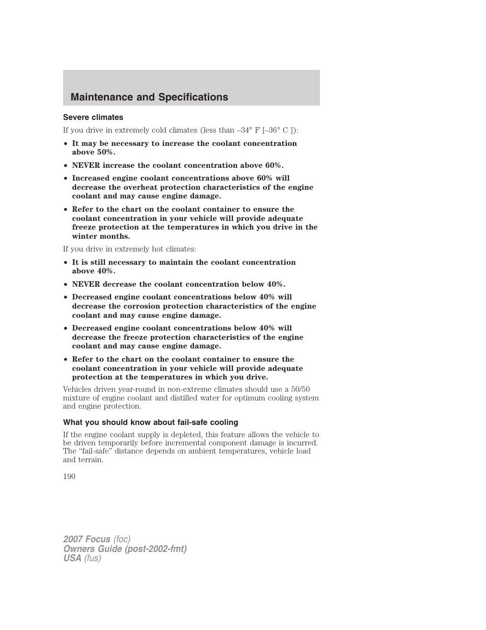 Severe climates, What you should know about fail-safe cooling, Maintenance and specifications | FORD 2007 Focus v.2 User Manual | Page 190 / 224