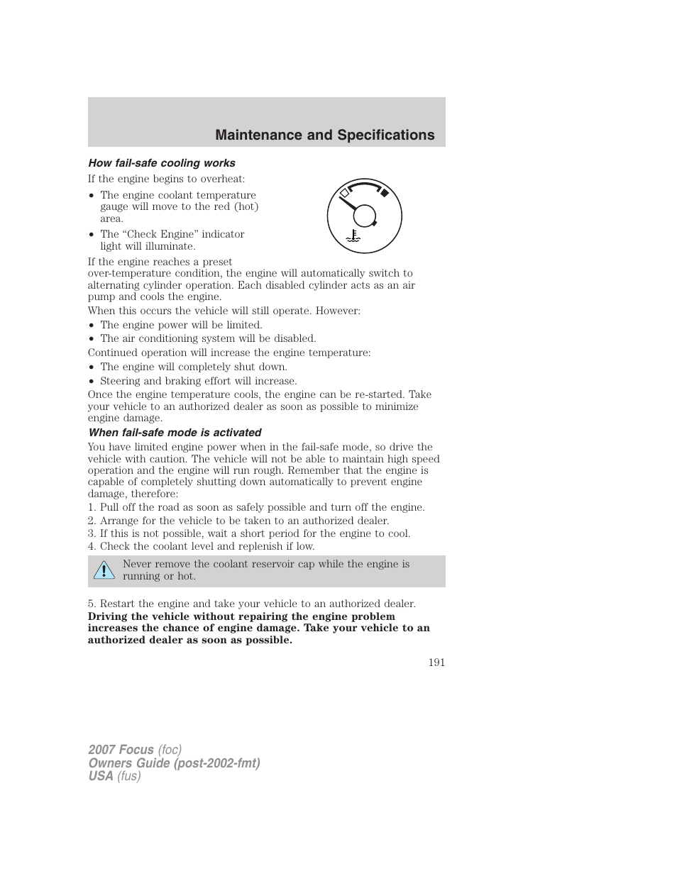 How fail-safe cooling works, When fail-safe mode is activated, Maintenance and specifications | FORD 2007 Focus v.2 User Manual | Page 191 / 224