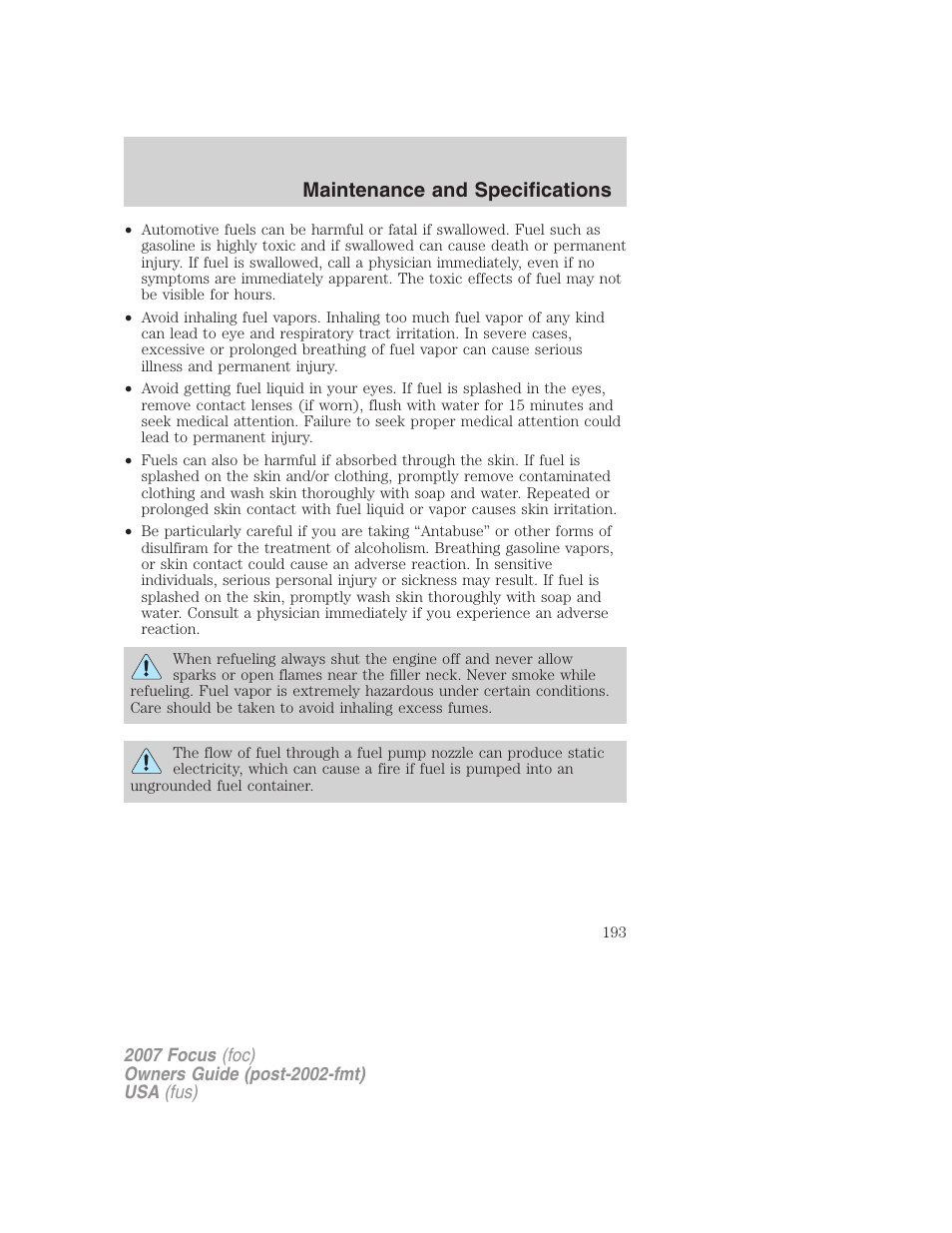 Maintenance and specifications | FORD 2007 Focus v.2 User Manual | Page 193 / 224