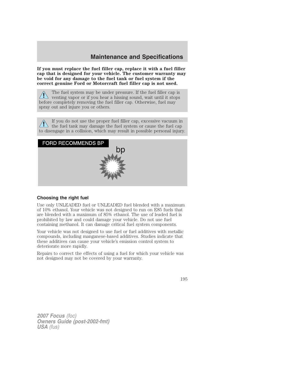 Choosing the right fuel, Maintenance and specifications | FORD 2007 Focus v.2 User Manual | Page 195 / 224