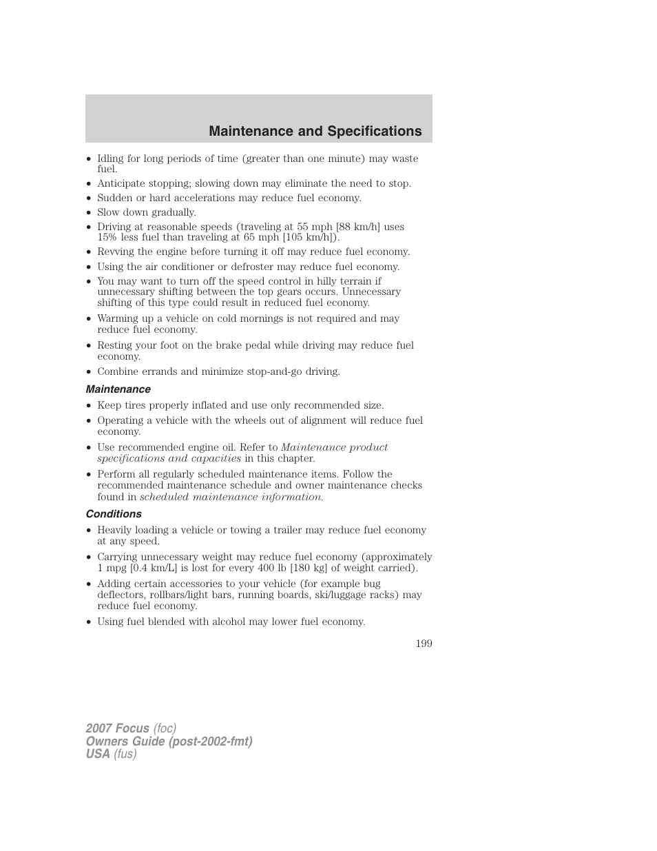 Maintenance, Conditions, Maintenance and specifications | FORD 2007 Focus v.2 User Manual | Page 199 / 224
