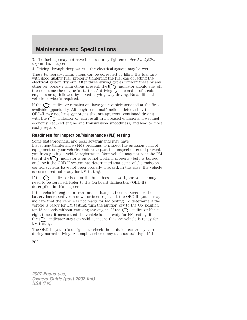 Readiness for inspection/maintenance (i/m) testing, Maintenance and specifications | FORD 2007 Focus v.2 User Manual | Page 202 / 224