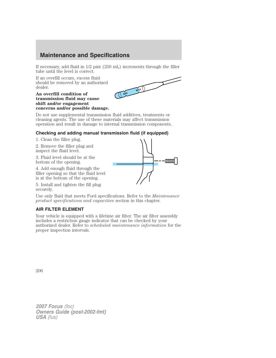 Air filter element, Air filter(s), Maintenance and specifications | FORD 2007 Focus v.2 User Manual | Page 206 / 224