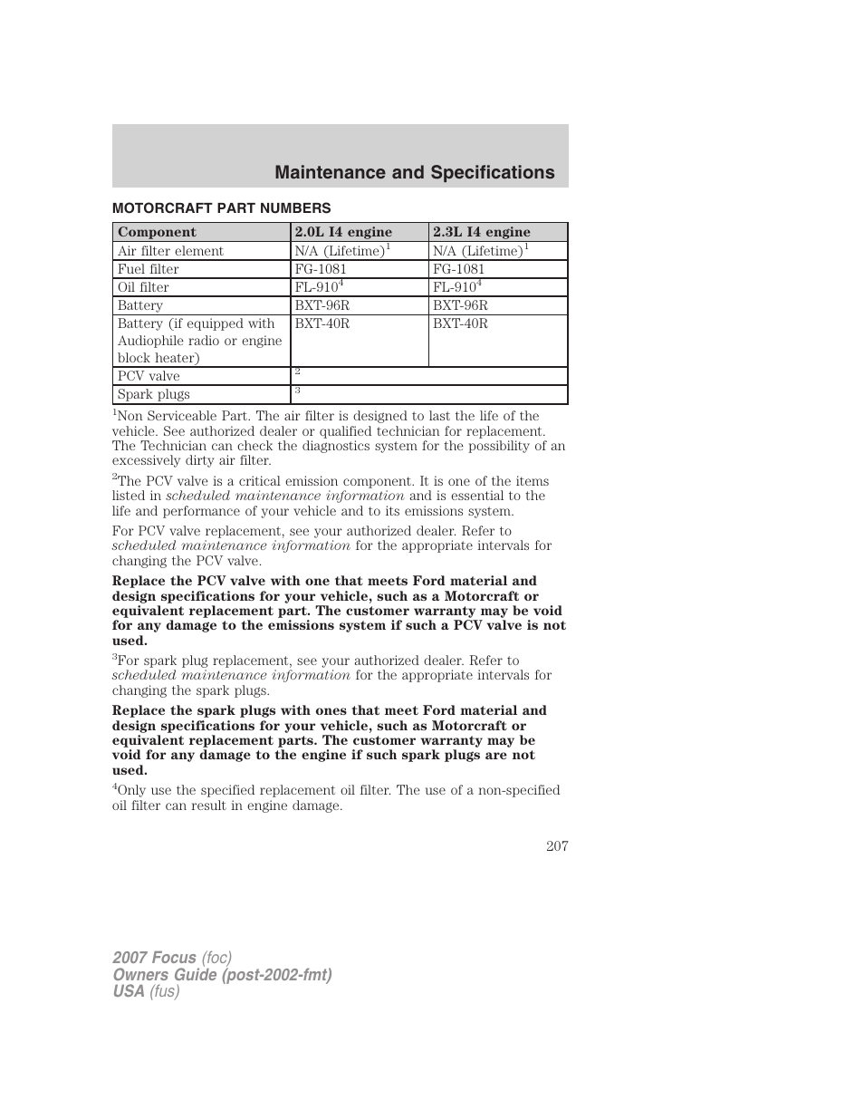 Motorcraft part numbers, Part numbers, Maintenance and specifications | FORD 2007 Focus v.2 User Manual | Page 207 / 224