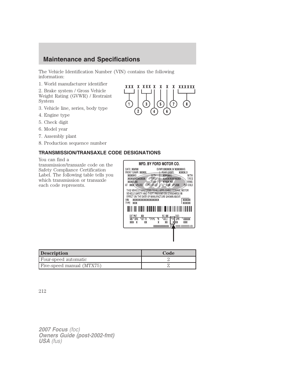 Transmission/transaxle code designations, Maintenance and specifications | FORD 2007 Focus v.2 User Manual | Page 212 / 224