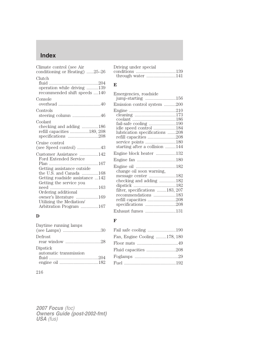 Index | FORD 2007 Focus v.2 User Manual | Page 216 / 224