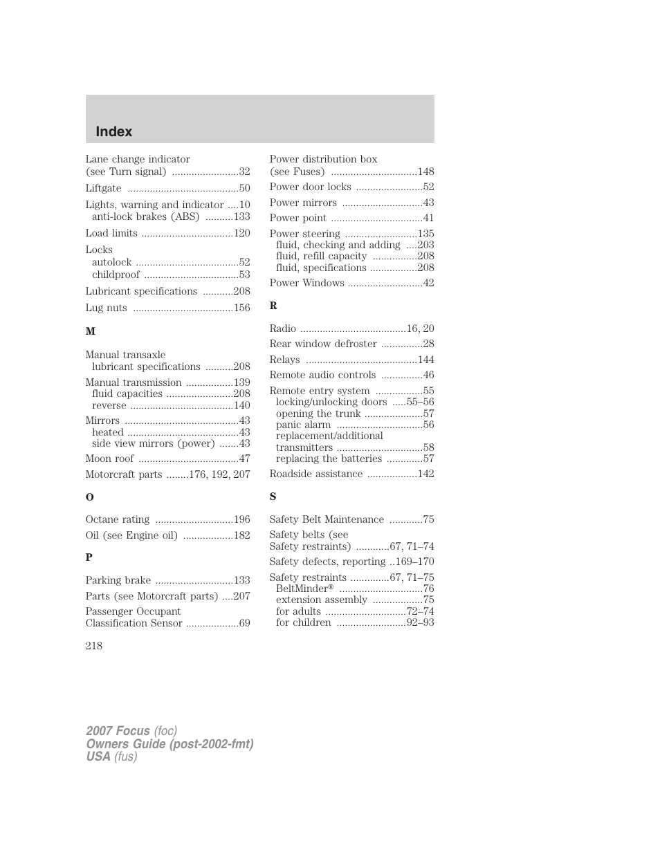 Index | FORD 2007 Focus v.2 User Manual | Page 218 / 224