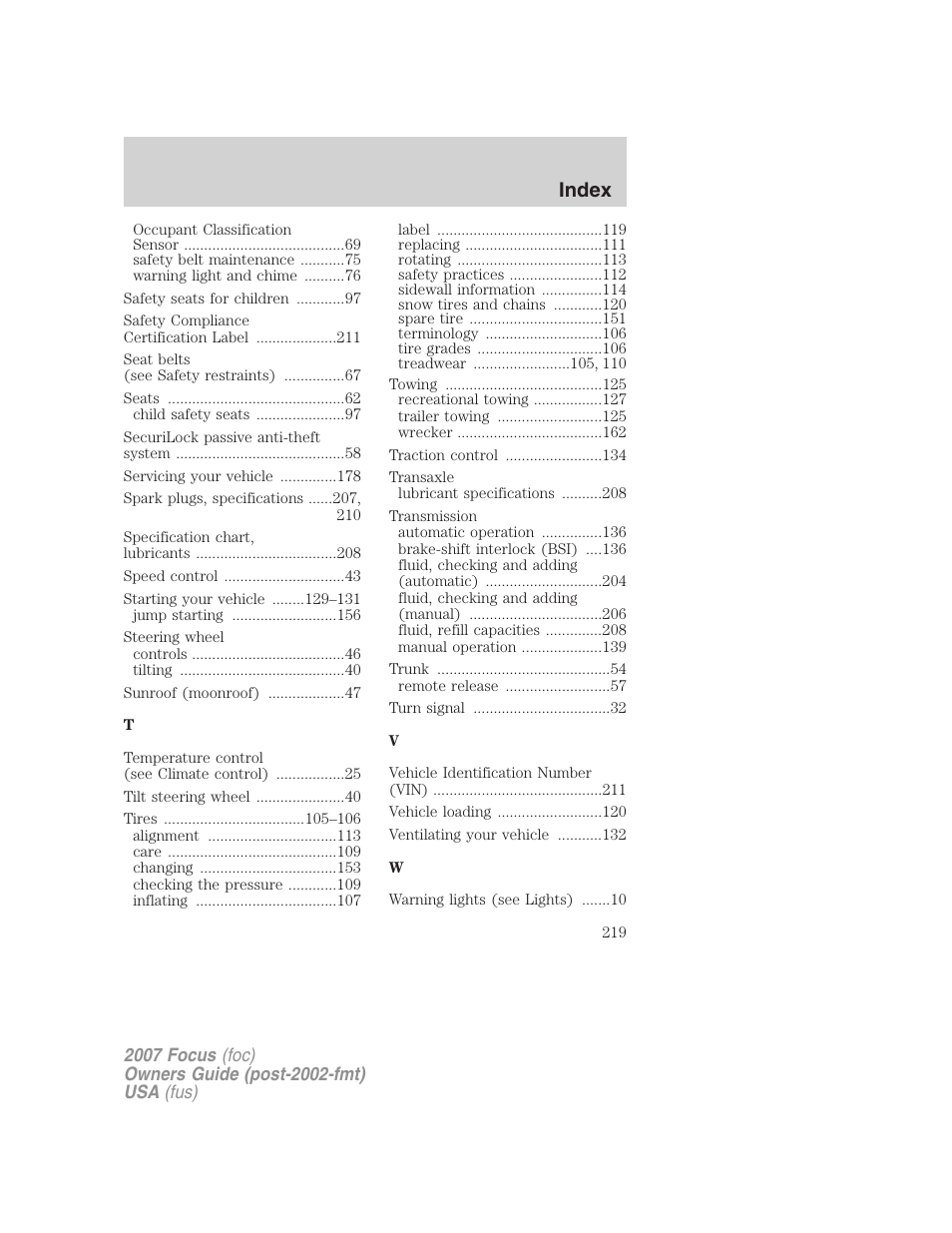 Index | FORD 2007 Focus v.2 User Manual | Page 219 / 224