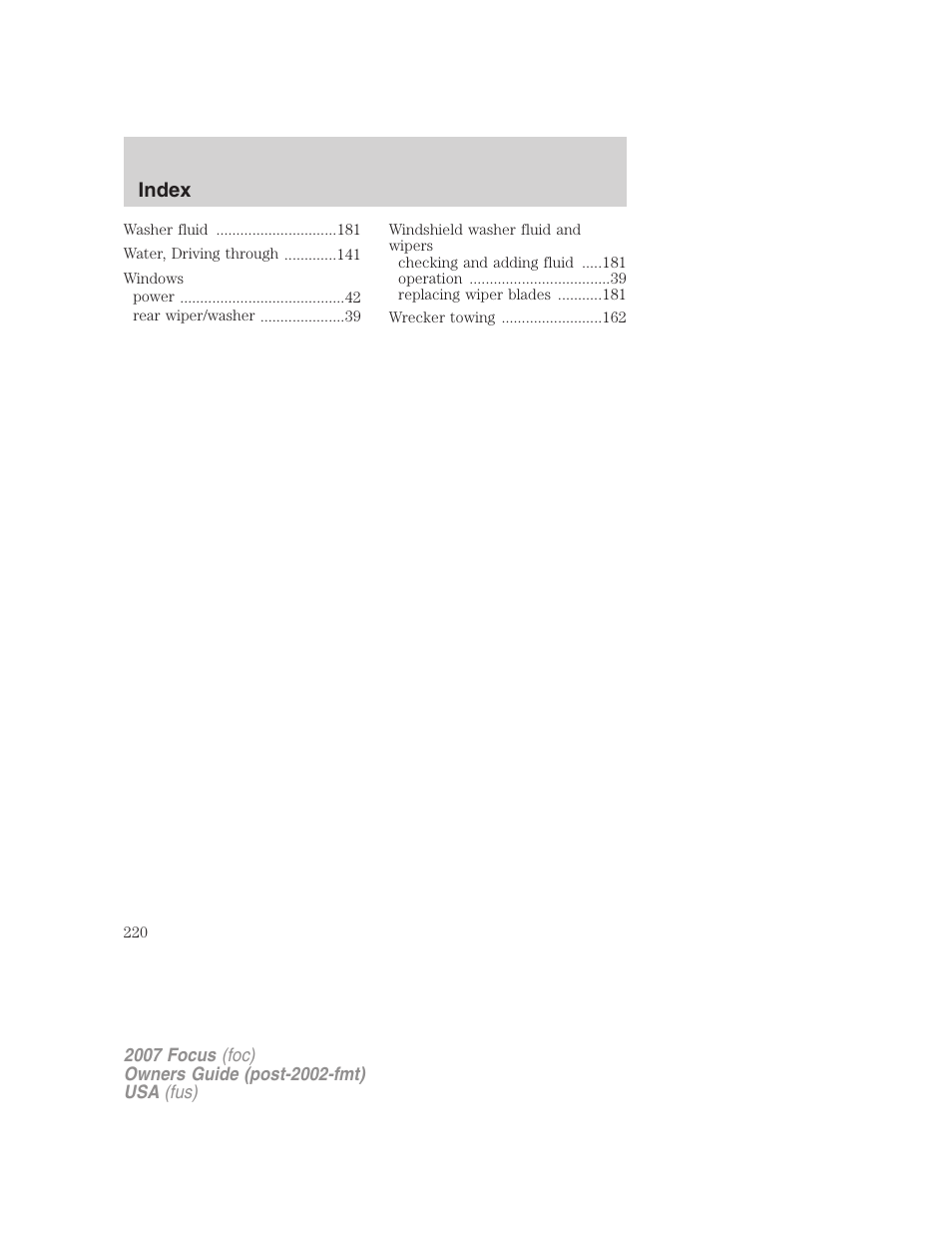 Index | FORD 2007 Focus v.2 User Manual | Page 220 / 224