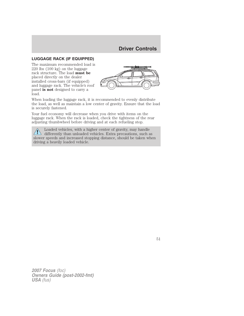 Luggage rack (if equipped), Driver controls | FORD 2007 Focus v.2 User Manual | Page 51 / 224