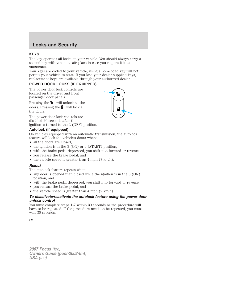 Locks and security, Keys, Power door locks (if equipped) | Autolock (if equipped), Relock, Locks | FORD 2007 Focus v.2 User Manual | Page 52 / 224