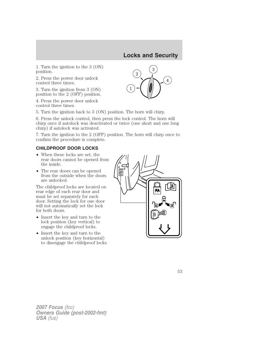 Childproof door locks, Locks and security | FORD 2007 Focus v.2 User Manual | Page 53 / 224