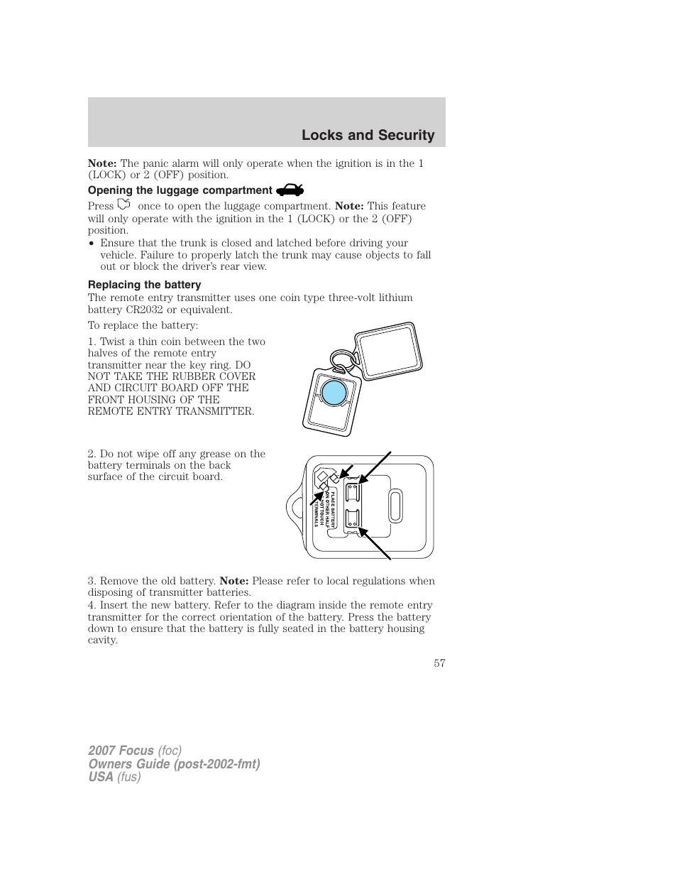Opening the luggage compartment, Replacing the battery, Locks and security | FORD 2007 Focus v.2 User Manual | Page 57 / 224