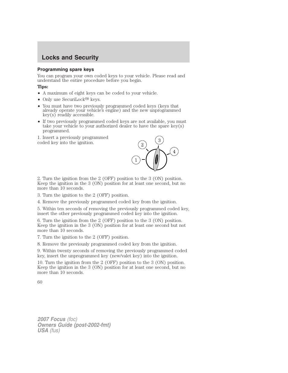 Programming spare keys, Locks and security | FORD 2007 Focus v.2 User Manual | Page 60 / 224