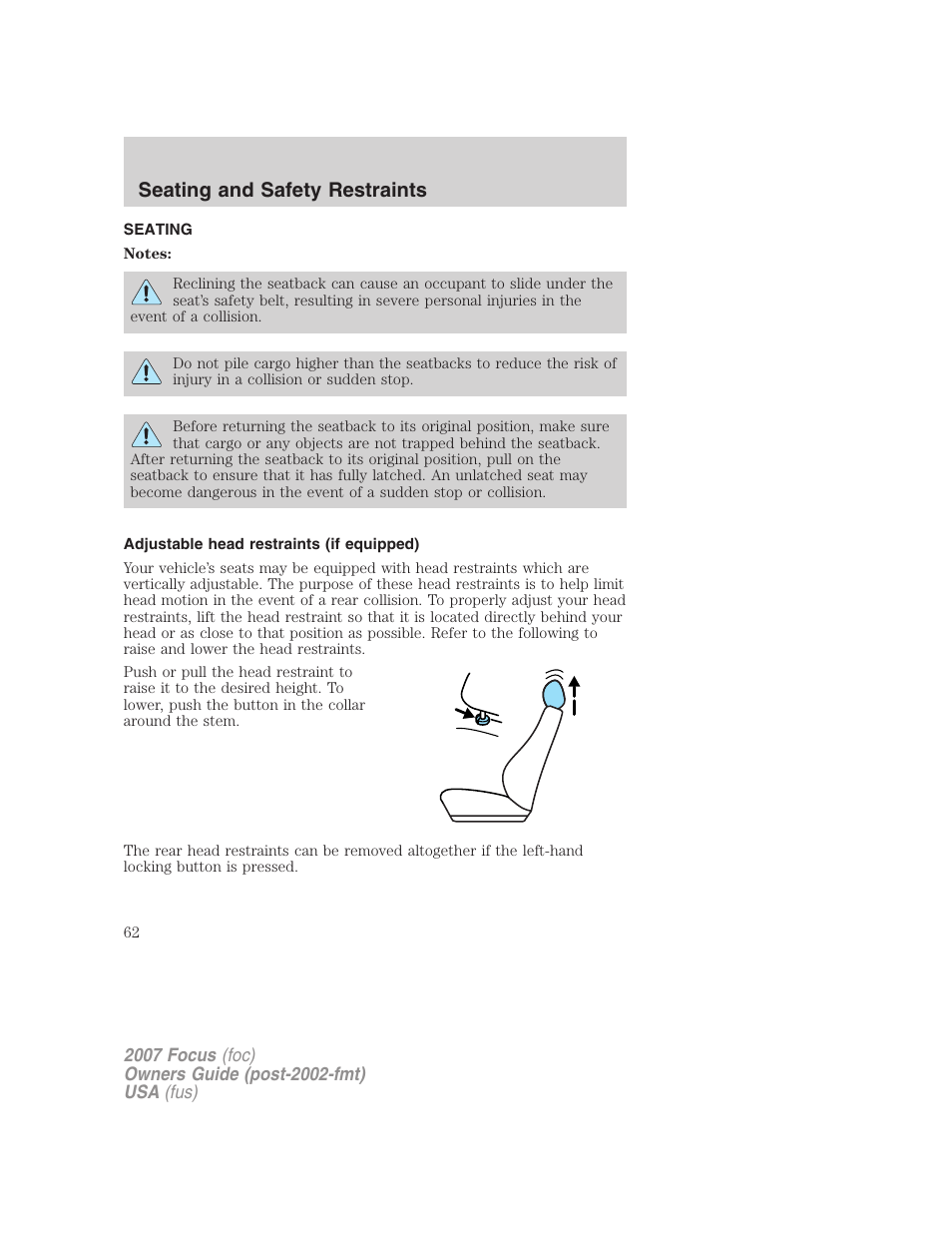 Seating and safety restraints, Seating, Adjustable head restraints (if equipped) | FORD 2007 Focus v.2 User Manual | Page 62 / 224