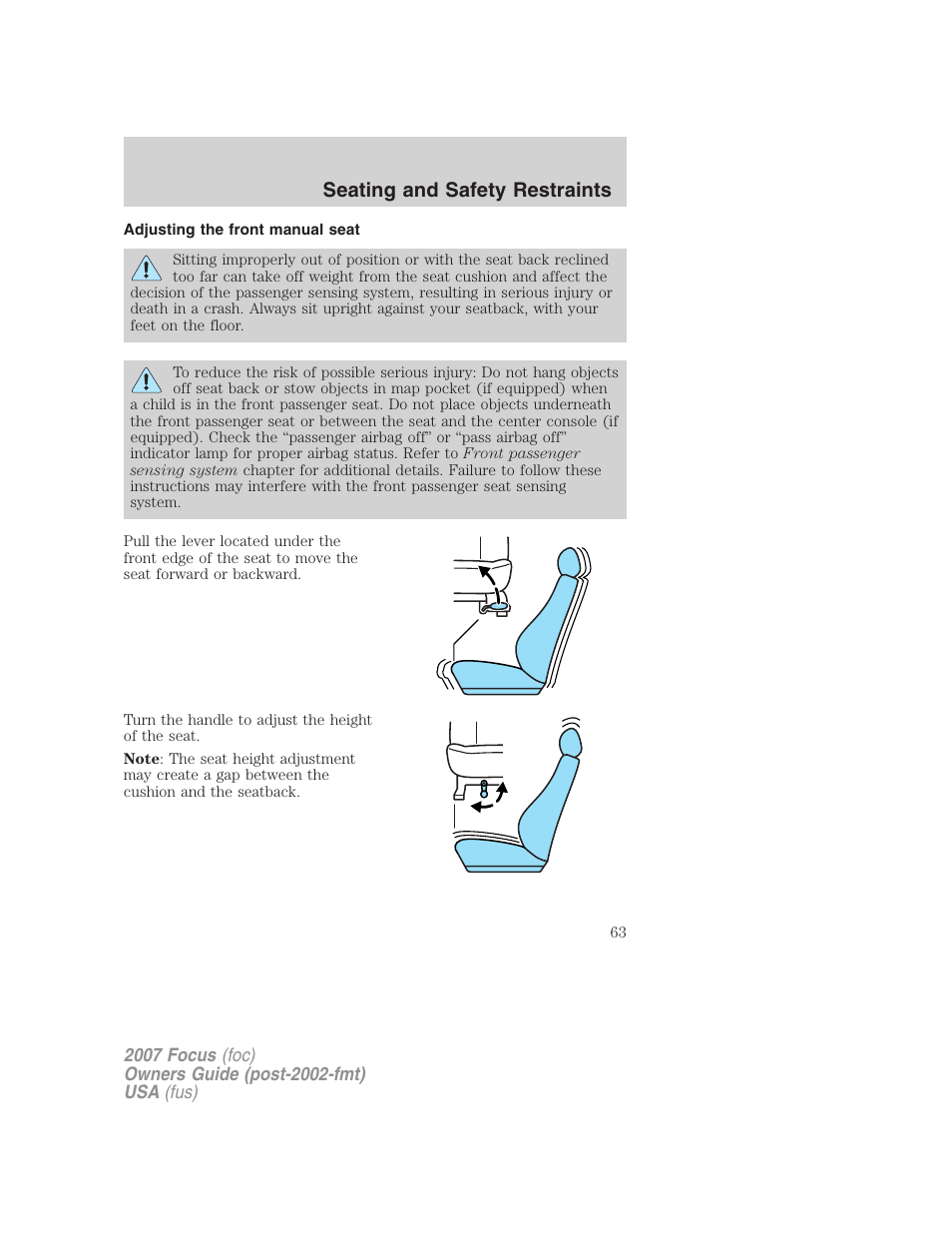 Adjusting the front manual seat, Seating and safety restraints | FORD 2007 Focus v.2 User Manual | Page 63 / 224