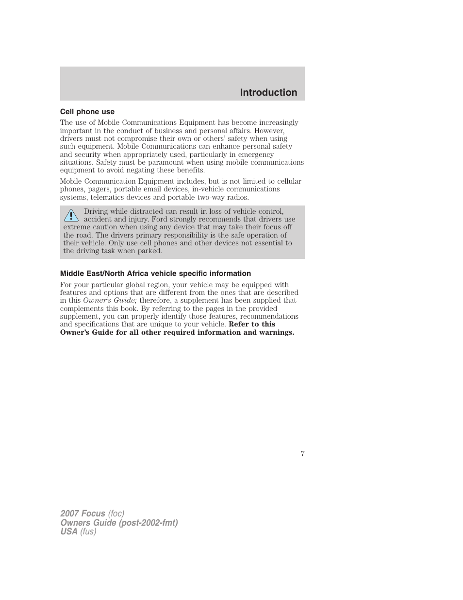 Cell phone use, Introduction | FORD 2007 Focus v.2 User Manual | Page 7 / 224