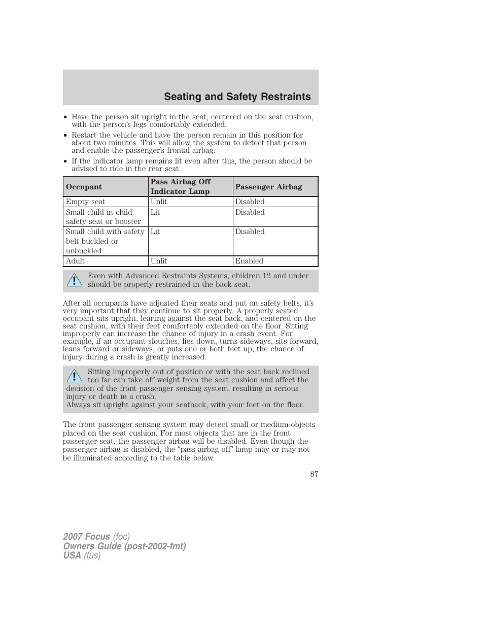 Seating and safety restraints | FORD 2007 Focus v.2 User Manual | Page 87 / 224