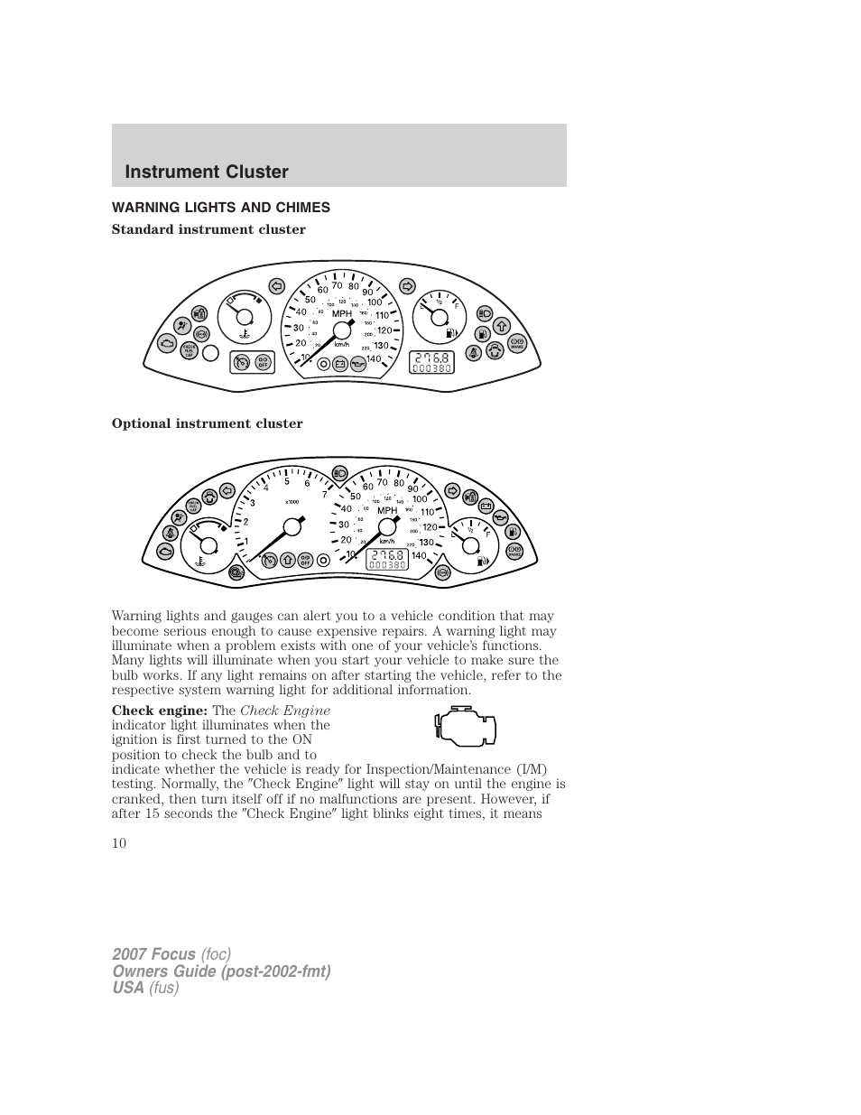 Instrument cluster, Warning lights and chimes | FORD 2007 Focus v.3 User Manual | Page 10 / 232