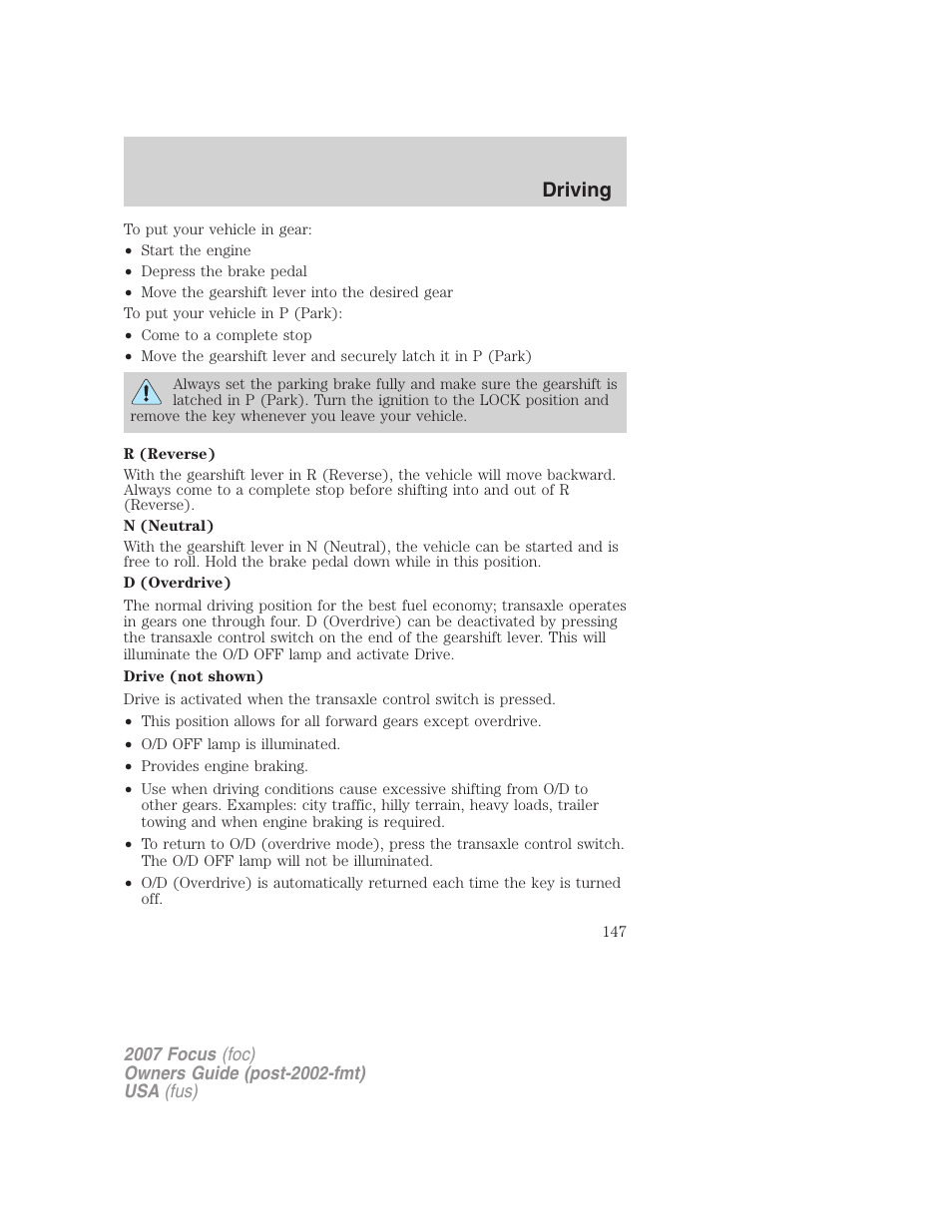 Driving | FORD 2007 Focus v.3 User Manual | Page 147 / 232