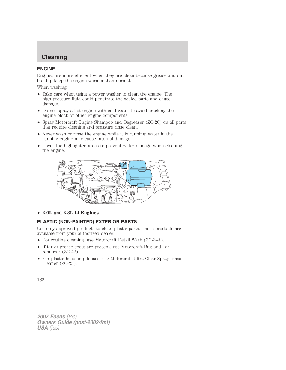 Engine, Plastic (non-painted) exterior parts, Cleaning | FORD 2007 Focus v.3 User Manual | Page 182 / 232