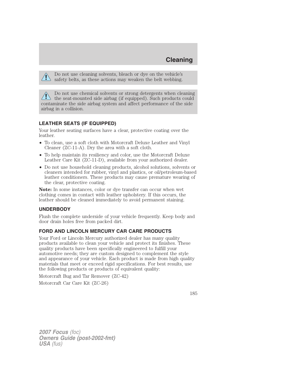 Leather seats (if equipped), Underbody, Ford and lincoln mercury car care products | Cleaning | FORD 2007 Focus v.3 User Manual | Page 185 / 232