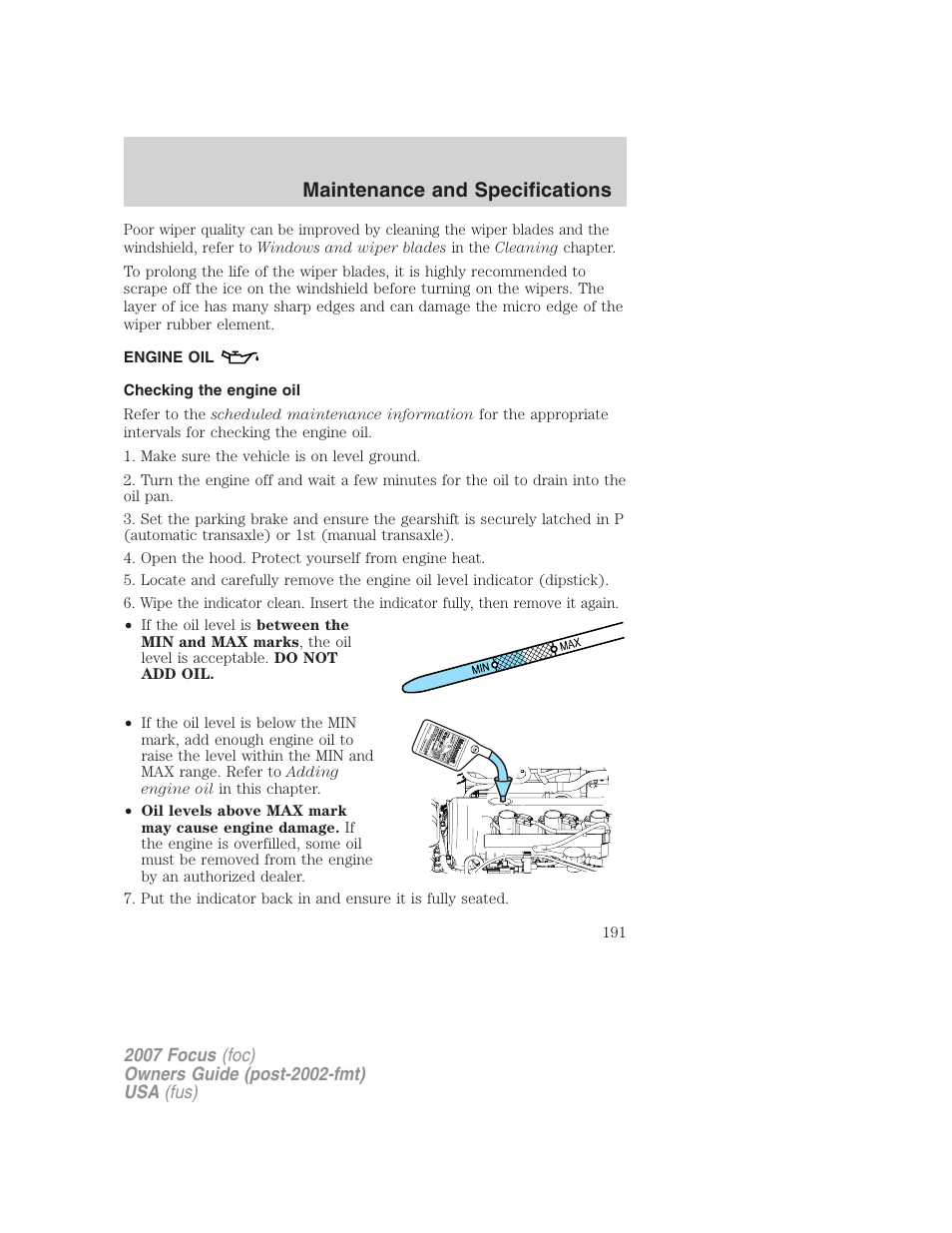 Engine oil, Checking the engine oil, Maintenance and specifications | FORD 2007 Focus v.3 User Manual | Page 191 / 232