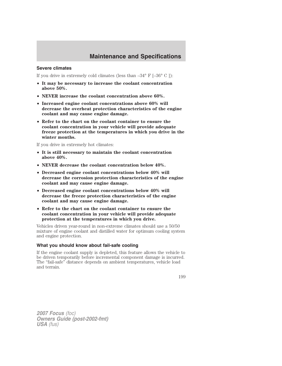 Severe climates, What you should know about fail-safe cooling, Maintenance and specifications | FORD 2007 Focus v.3 User Manual | Page 199 / 232