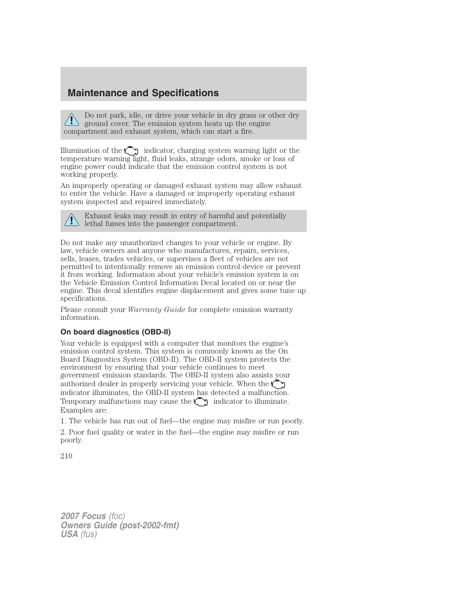 On board diagnostics (obd-ii), Maintenance and specifications | FORD 2007 Focus v.3 User Manual | Page 210 / 232