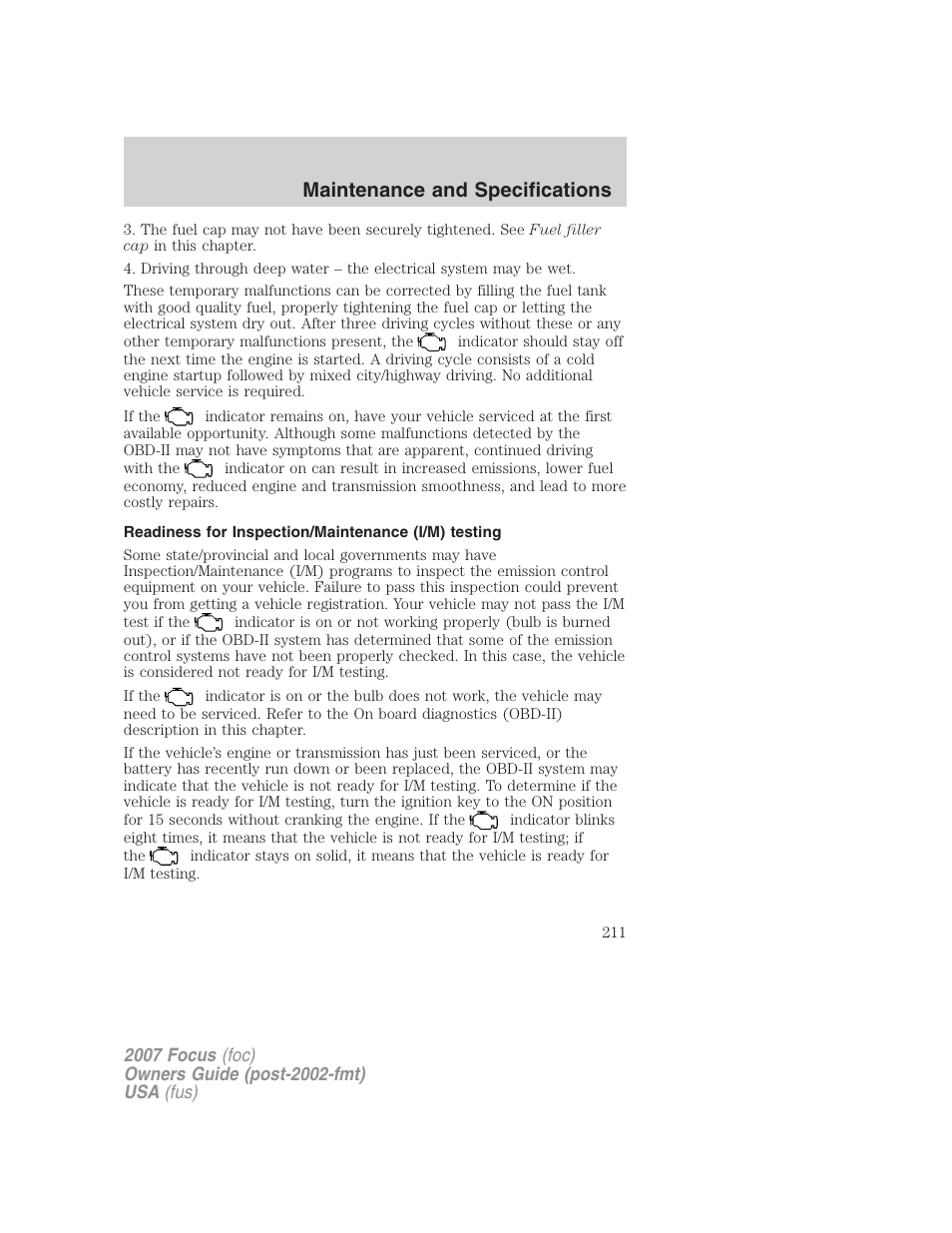 Readiness for inspection/maintenance (i/m) testing, Maintenance and specifications | FORD 2007 Focus v.3 User Manual | Page 211 / 232