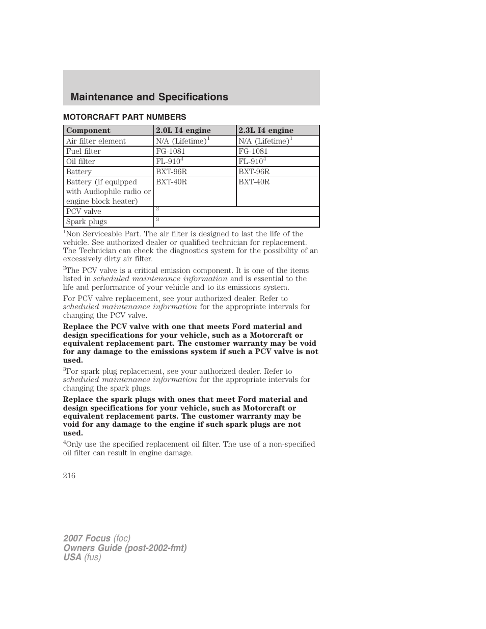 Motorcraft part numbers, Part numbers, Maintenance and specifications | FORD 2007 Focus v.3 User Manual | Page 216 / 232