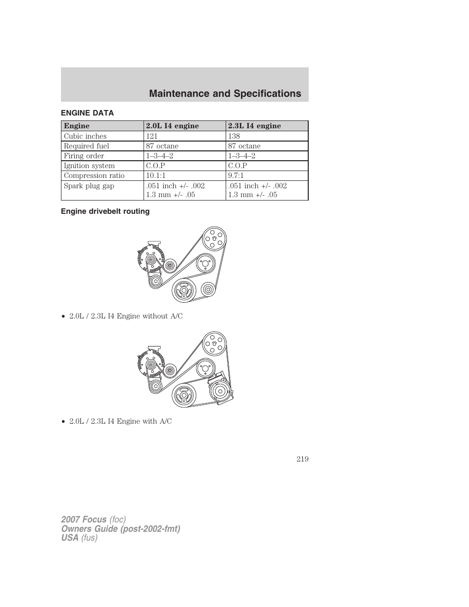 Engine data, Engine drivebelt routing, Maintenance and specifications | FORD 2007 Focus v.3 User Manual | Page 219 / 232