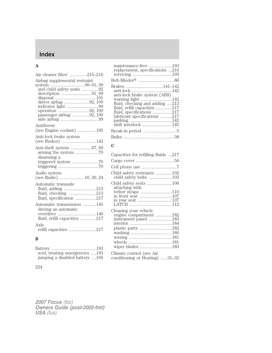 Index | FORD 2007 Focus v.3 User Manual | Page 224 / 232