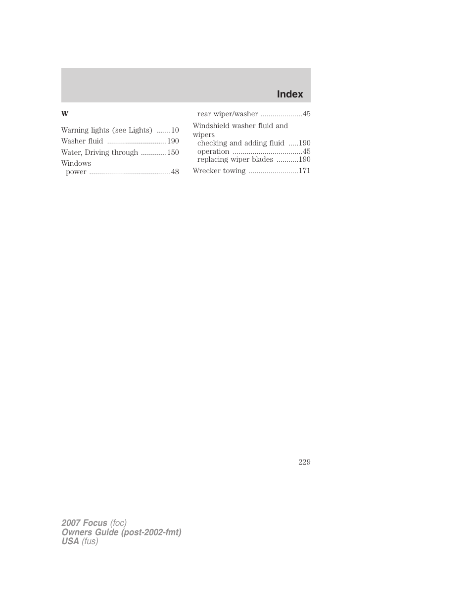 Index | FORD 2007 Focus v.3 User Manual | Page 229 / 232