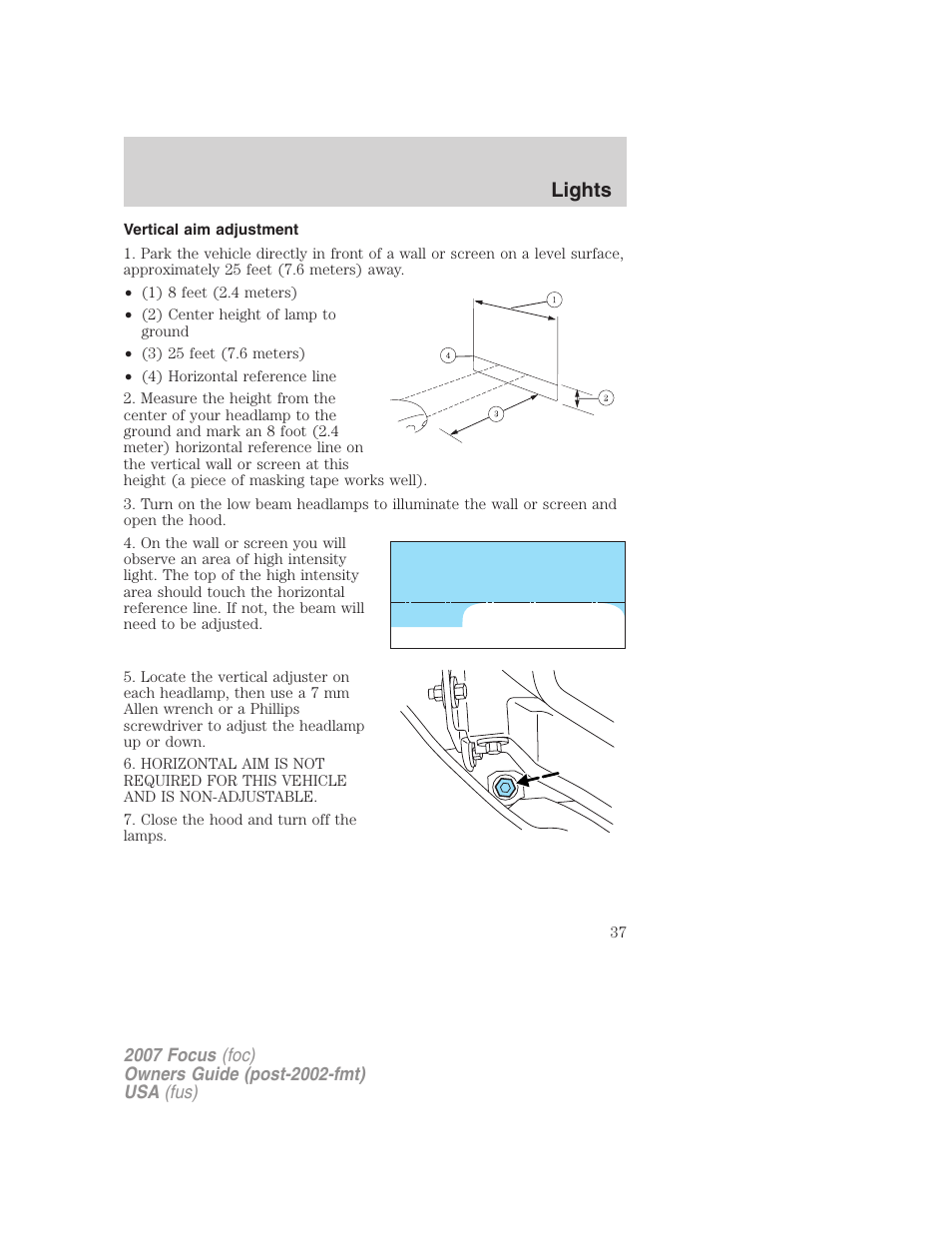 Vertical aim adjustment, Lights | FORD 2007 Focus v.3 User Manual | Page 37 / 232
