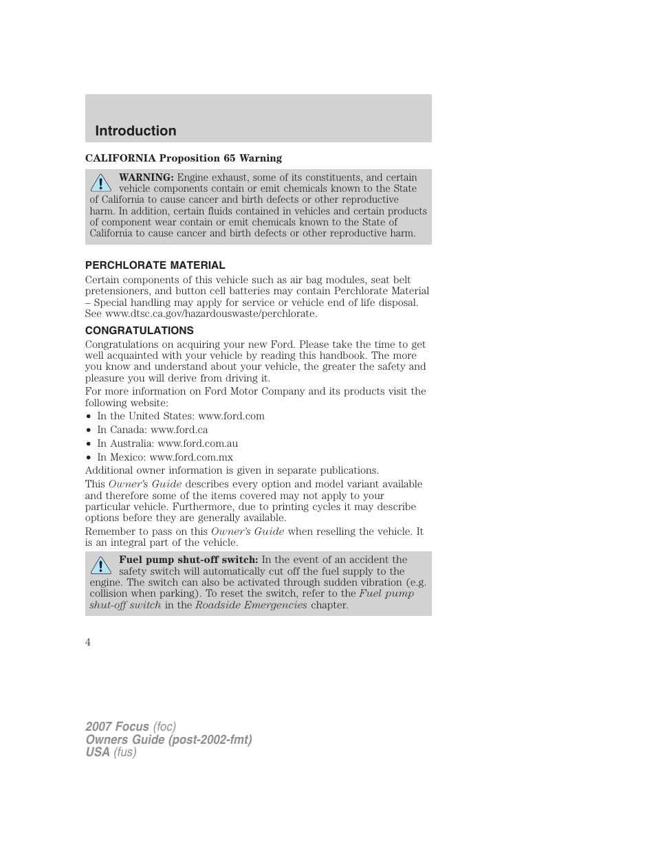 Introduction, Perchlorate material, Congratulations | FORD 2007 Focus v.3 User Manual | Page 4 / 232